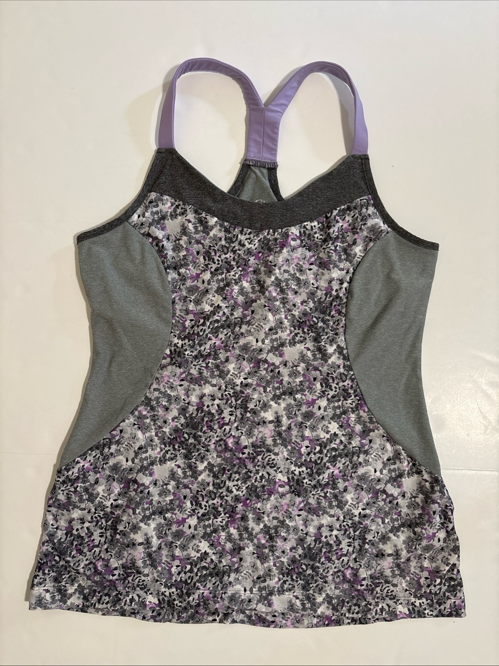 MPG Sport Racerback Tank Top Large Gray Purple Floral Built In Bra Workout Yoga